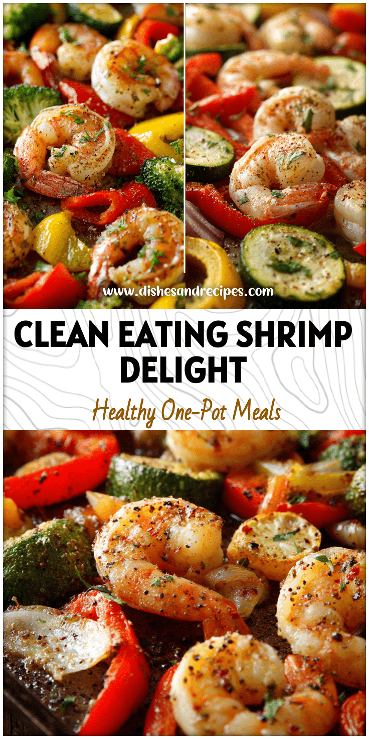Sheet pan with garlic shrimp and colorful vegetables showing a clean eating dinner idea.